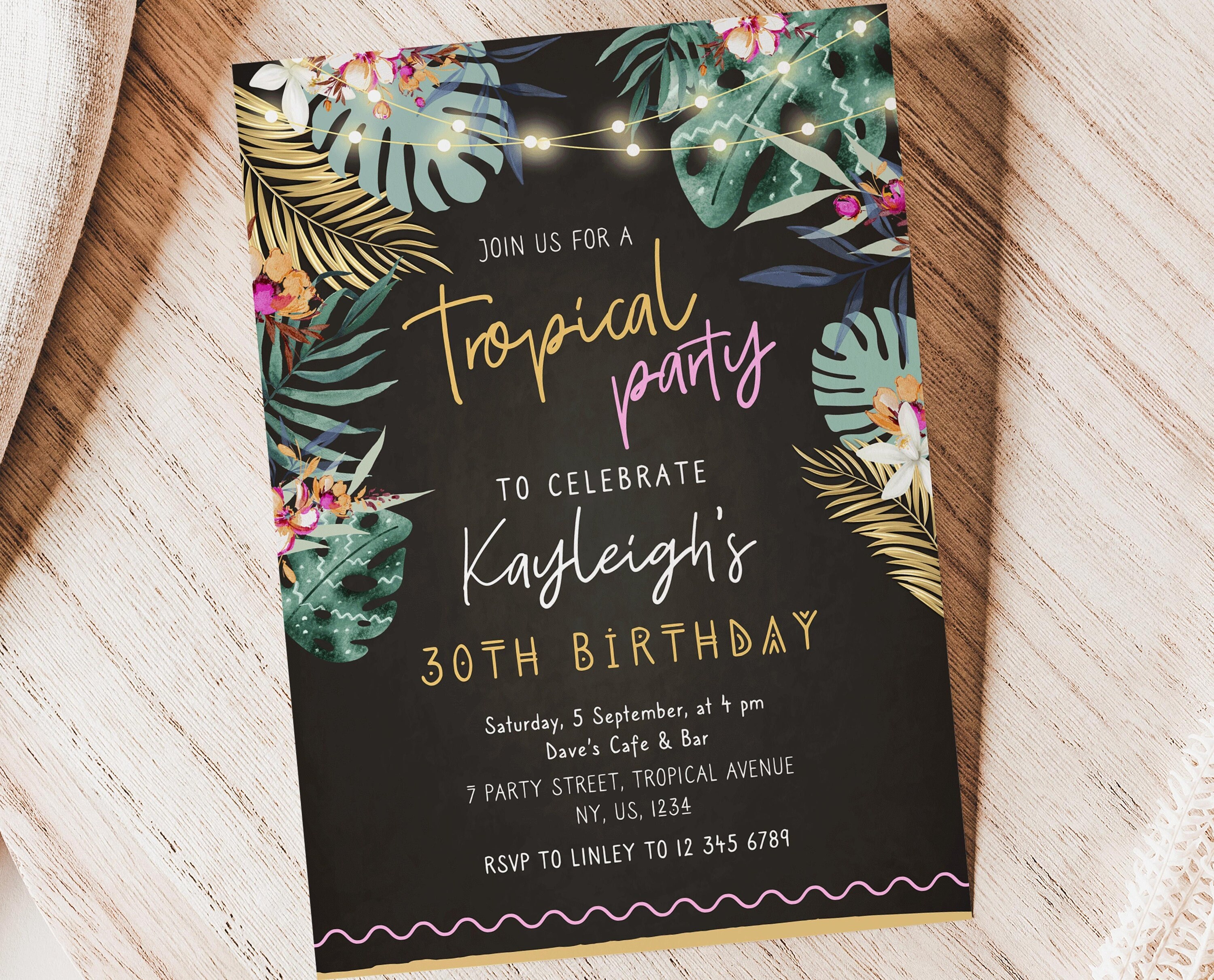 Editable Adult Tropical Girl Birthday Invitation Tropical Birthday Palm Leaves Party Tropical Havana Hawaii Printable