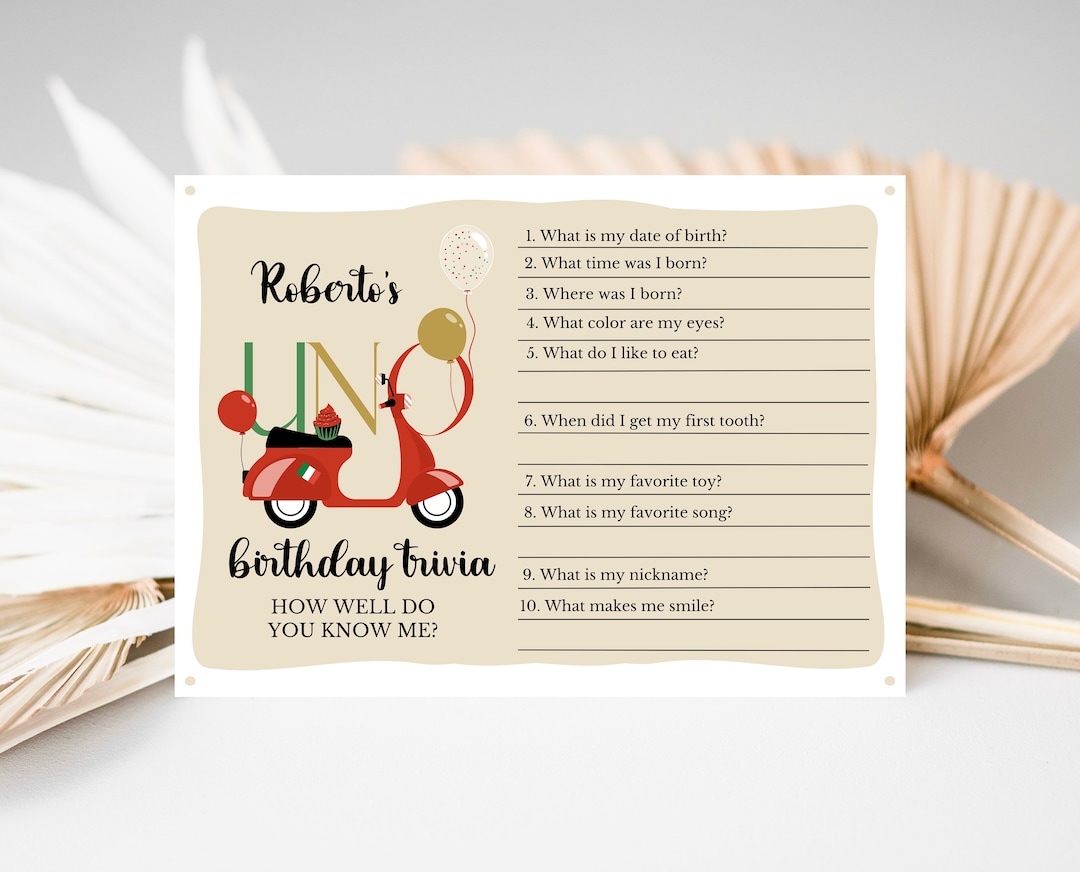 Editable Italian Scooter First Birthday Trivia, Italian Themed Birthday