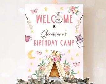 Editable Girl Camp Welcome Sign, Camp Out Sleepover Party Sign, Printable Outdoor Camping Welcome Sign