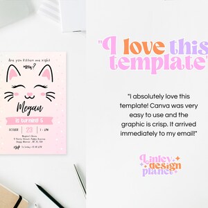 May include: A pink and white birthday invitation with a cartoon cat illustration. The text reads "Are you kitten me right meow?" and "Megan is turning 5". The invitation includes the date and time of the party.