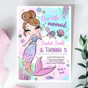 May include: A purple and blue mermaid with long brown hair and a sparkly tail. The mermaid is holding a seashell and surrounded by seashells, starfish, and a turtle. The text "Our little mermaid Jezebel Smith is turning 5" is written in purple and pink. The invitation is for a mermaid-themed birthday party.