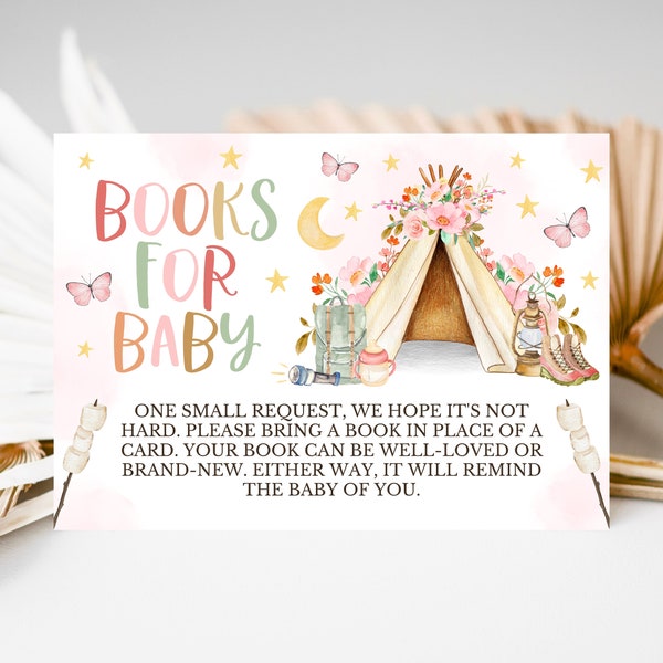 Girl Camping Baby Shower Books For Baby Card, Camp Baby Shower Book Request Card, Teepee Baby Shower, Pink Teepee Baby Shower Books Card