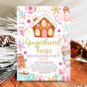 Bearbeitbare Rosa Lebkuchen-Haus-Party Einladung, Rosa Weihnachtslebkuchen-Haus einladen, Rosa Weihnachtsdekorations-Party-Einladung, CBK03