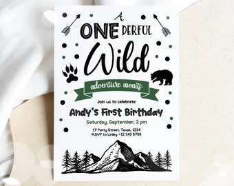 Editable Wild One Birthday Invitation, First birthday Wild Forest Birthday Party, Printable Wild Forest Birthday Invite