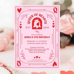 Bearbeitbare Queen Of Hearts-Geburtstagseinladung, Valentinstag-Geburtstags-Einladung, rosa rote Geburtstags-Einladung, Download, Königin-Karte einladen, DC03