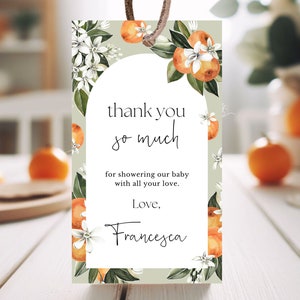 Etiqueta de regalo editable para baby shower con diseño de cítricos Little Cutie, etiqueta de agradecimiento para baby shower de color naranja, decoración neutra para baby shower con cítricos de color naranja, LCC01