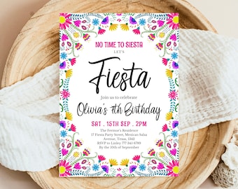 Puede incluir: Una invitación colorida con un borde floral y el texto "NO TIME TO SIESTA LET'S Fiesta Join us to celebrate Olivia's 7th Birthday SAT. 15TH SEP. 2PM The Fermor's Residence 17 Fiesta Party Street, Mexican Salsa Avenue, Texas, 1342 RSVP to Linley 777 345 6789 By the 10th of September"