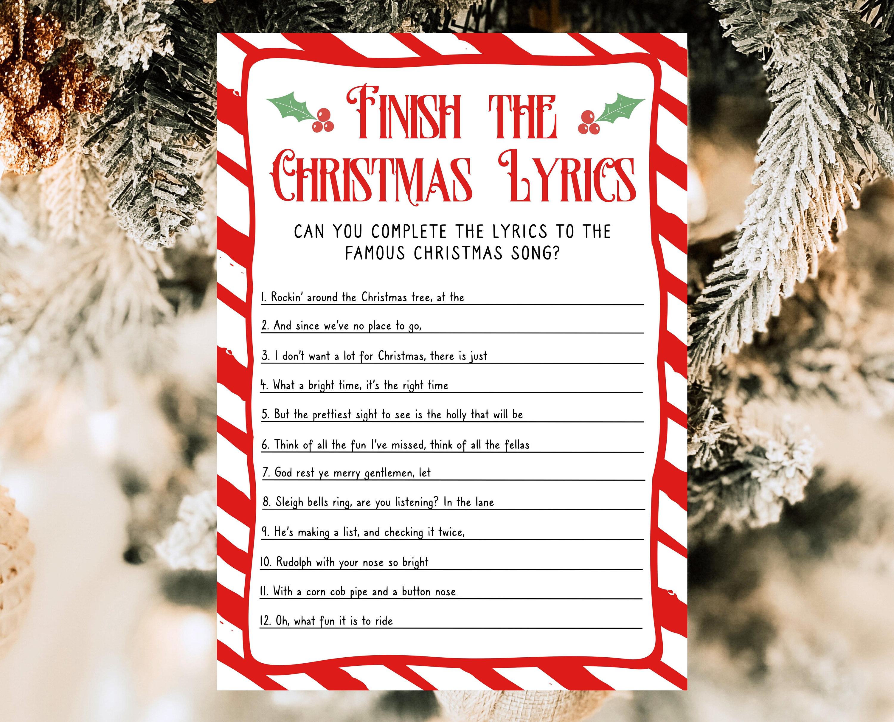 christmas lyrics game: printable holiday party trivia (canva