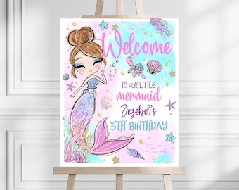 Editable Mermaid Birthday Welcome Sign, Glitter Mermaid Welcome Poster, Under the Sea Birthday Sign, Printable Mermaid Party Decorations