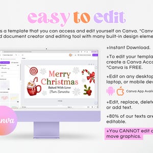 May include: A computer monitor displays a Christmas-themed design template with the words "Merry Christmas" and a graphic of a mug of hot chocolate. The text "easy to edit" is at the top. The Canva logo is visible.