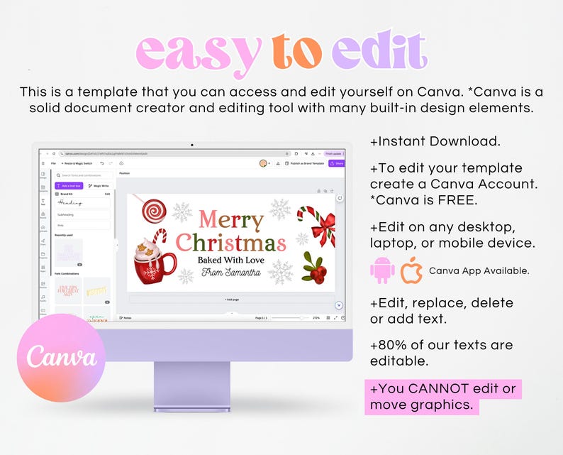 May include: A computer monitor displays a Christmas-themed design template with the words "Merry Christmas" and a graphic of a mug of hot chocolate. The text "easy to edit" is at the top. The Canva logo is visible.