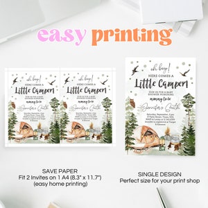May include: Two printable baby shower invitations with a woodland theme. The invitations feature a watercolour illustration of a tent, trees, and a campfire. The text on the invitations reads "Oh boy! Here comes a Little Camper! Join us for a baby shower honouring mummy-to-be Jennifer's Smith".