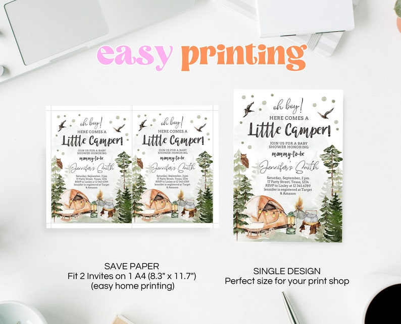 May include: Two printable baby shower invitations with a woodland theme. The invitations feature a watercolour illustration of a tent, trees, and a campfire. The text on the invitations reads "Oh boy! Here comes a Little Camper! Join us for a baby shower honouring mummy-to-be Jennifer's Smith".