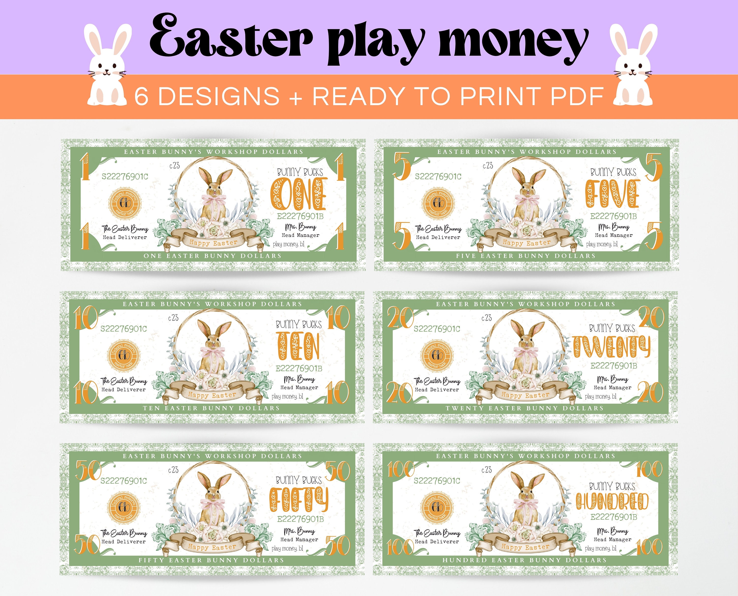 Easter Bunny Bucks Play Money: Printable Dollar Bill (canva Template ...