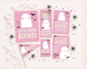 Utskrivbart kit med "You've Been Booed", redigerbart Halloween-tecken, instruktioner för grannspel, dörrhängare och godisetikett