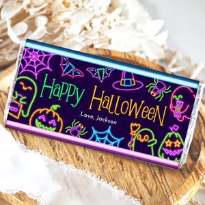 Editable Neon Halloween Candy Bar Wrapper Template, Halloween Chocolate Wrapper Template, Halloween Chocolate Gift Printable, PHBP07