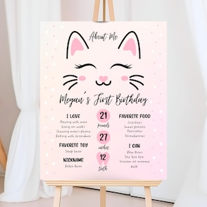 Letrero editable de cumpleaños de gatito, hito del primer cumpleaños de gatito, letrero de gatito rosa, letrero sobre mí, decoración de cumpleaños de gatito, KGBP02