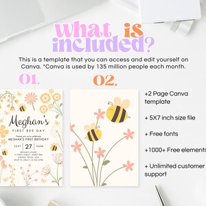 May include: A printable invitation template for a first birthday party with a bee theme. The invitation features a yellow and black bee, pink and yellow flowers, and the text "Meghan's First Bee Day".