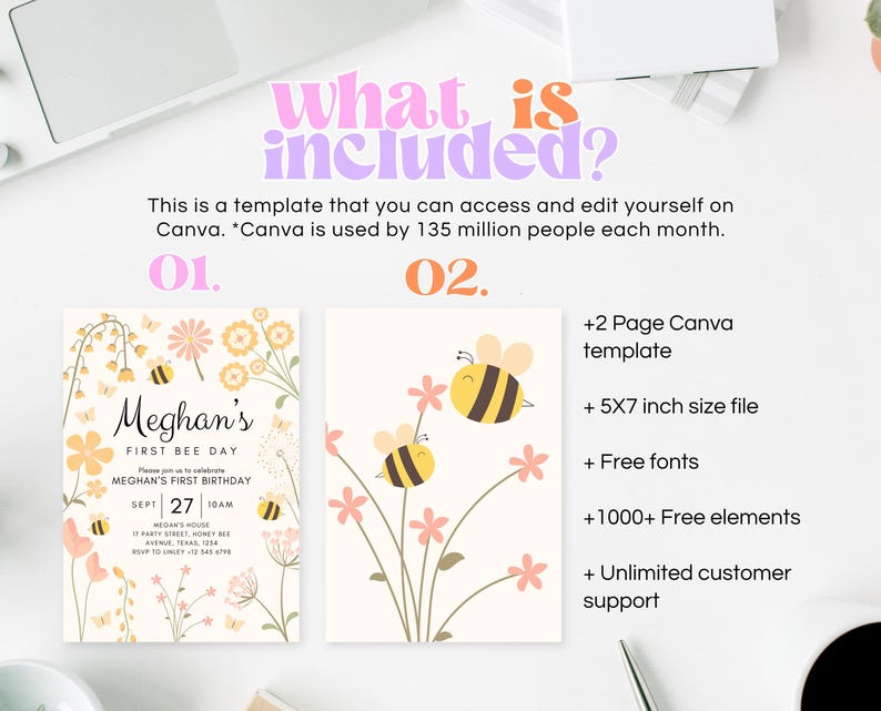 May include: A printable invitation template for a first birthday party with a bee theme. The invitation features a yellow and black bee, pink and yellow flowers, and the text "Meghan's First Bee Day".