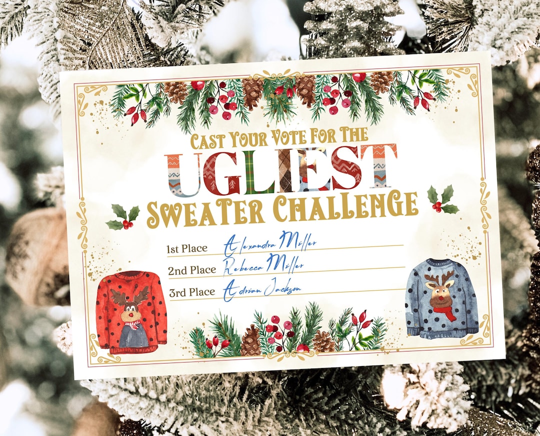 Editable Ugly Sweater Voting Ballots Card, Ugliest Sweater Vote Cards ...