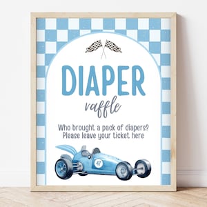 Diaper Raffle Game Sign Racing Car Baby Shower, Vintage Race Car Baby Shower Posters, Blue Racing Car Shower Decor, Boy Baby Shower, RCBS01