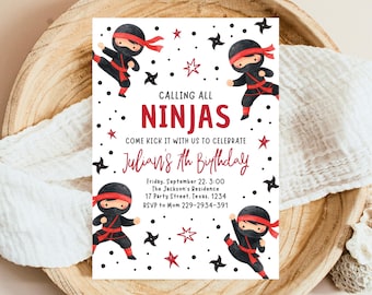 May include: A party invitation with a ninja theme. The invitation features cartoon ninjas in black and red, stars, and throwing stars. The text reads "CALLING ALL NINJAS" and invites guests to celebrate Julian's 7th birthday.