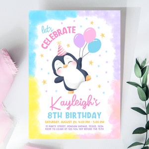 Invitación de cumpleaños editable de pingüino, invitación de cumpleaños de invierno, invitación de cumpleaños de animales del Ártico, invitación de linda niña pingüino