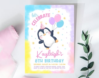 Editable Penguin Birthday Invitation, Winter Birthday Invitation, Arctic Animals Birthday Invitation, Cute Girl Penguin Invitation