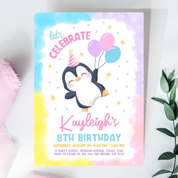 Editable Penguin Birthday Invitation, Winter Birthday Invitation, Arctic Animals Birthday Invitation, Cute Girl Penguin Invitation