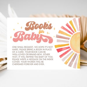 Tarjeta de solicitud de libro de baby shower Sunshine, aquí viene el sol, baby shower Sunshine Girl rosa, Boho trae una plantilla de tarjeta de libro, HCTS02 imprimible