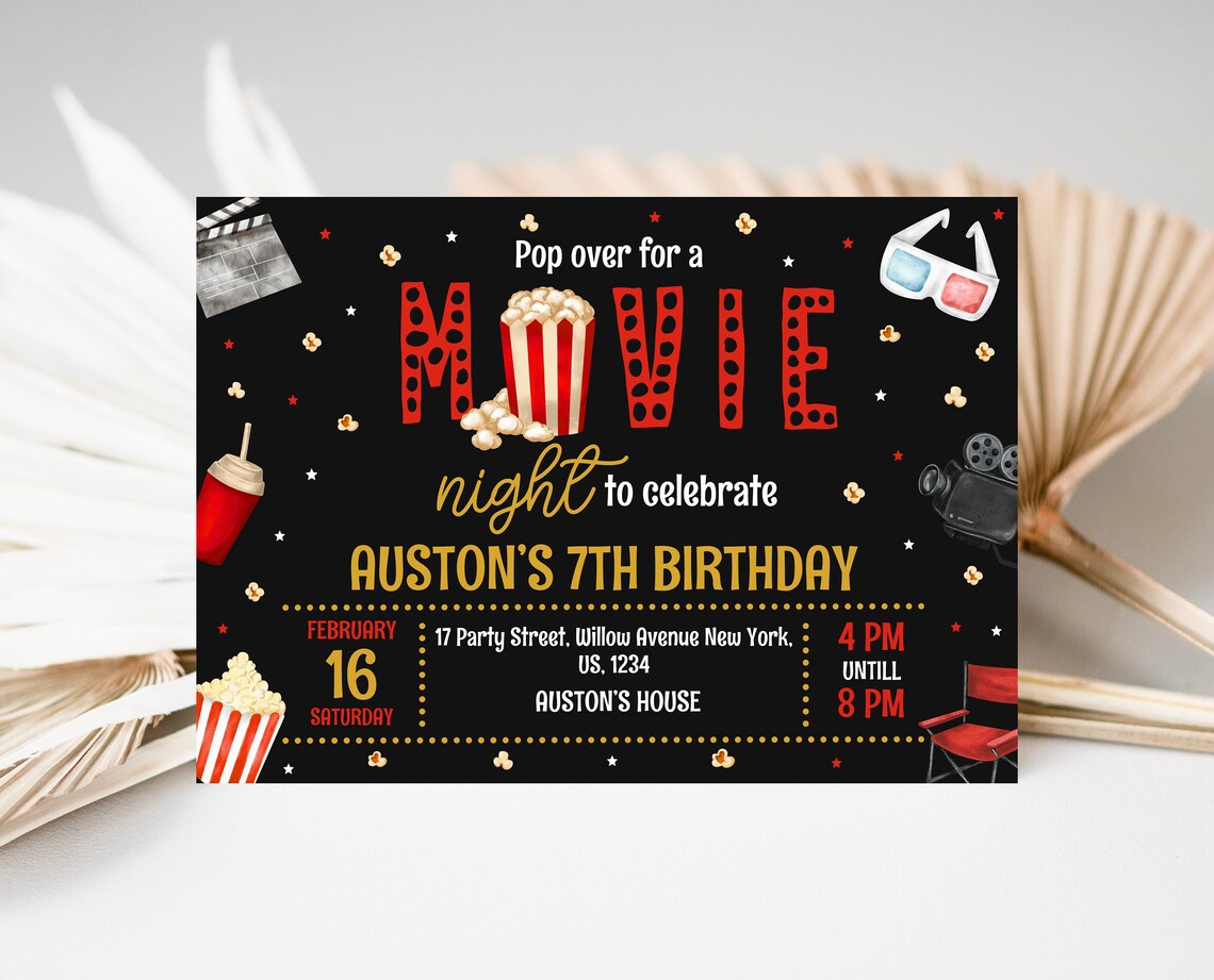 Editable Movie Birthday Invitation Cinema Party Invite Pop on Over ...