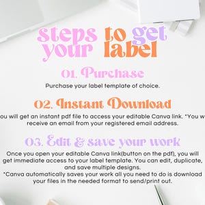 May include: A white background with text in pink and orange, outlining the steps to get a label. The steps include purchase, instant download, and edit and save your work. A laptop and other office supplies are in the background.