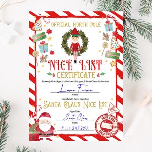 Certificato modificabile della lista ufficiale dei buoni di Babbo Natale, lettera dalla scrivania degli elfi del Polo Nord, modello stampabile di Babbo Natale