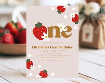 Invitación de primer cumpleaños de fresa: Invitación editable para niña (13 x 18 cm) (Descarga digital)