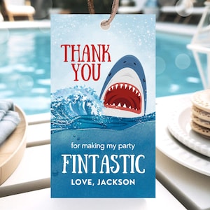 Editable Shark Birthday Favor Tag, Shark Party Tags, Fintastic Shark Party, Shark Under The Sea Boy  Thank You Tag, Instant Download, BBP16