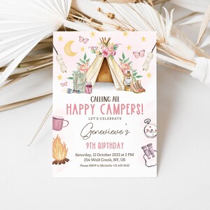 May include: A pink and brown camping themed birthday invitation with a watercolor illustration of a tent, a campfire, a compass, binoculars, and a mug. The text reads "Calling all Happy Campers! Let's Celebrate Genevieve's 9th Birthday. Saturday, 12 October 2022 at 2 PM, 254 Wolf Creek, NY, US. Please RSVP to Michelle +21-425-5632"
