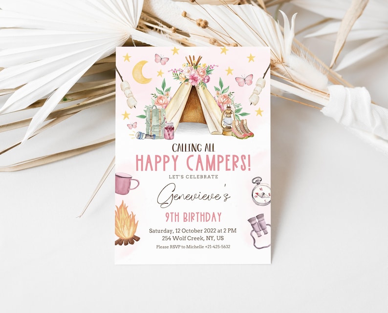 May include: A pink and brown camping themed birthday invitation with a watercolor illustration of a tent, a campfire, a compass, binoculars, and a mug. The text reads "Calling all Happy Campers! Let's Celebrate Genevieve's 9th Birthday. Saturday, 12 October 2022 at 2 PM, 254 Wolf Creek, NY, US. Please RSVP to Michelle +21-425-5632"