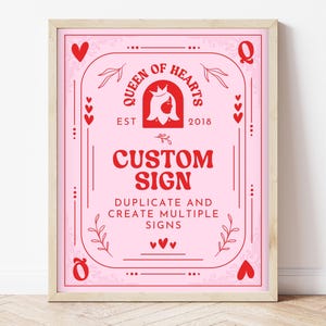 Enseigne personnalisée modifiable d'anniversaire de la reine de coeur, signe d'anniversaire de la Saint-Valentin, affiche personnalisée anniversaire rose rouge, téléchargement, carte de la Reine, VDC03