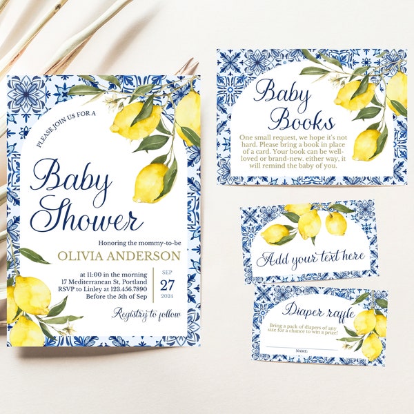 Editable Mediterranean Lemon Baby Shower Invitation Bundle, Blue Tiles Invite, Italy Baby Shower Theme, Navy Lemon Baby Shower Set, MLBS01