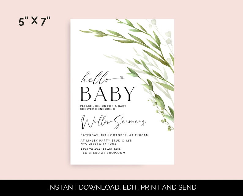 Editable Minimalist Baby Shower Invitation , Hello Baby Modern Baby shower, Minimal Modern Baby Shower Invite Printable Template image 6