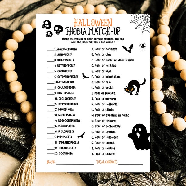 Halloween Phobia Match-Up Game Template, Halloween Trivia, Halloween Party Game, Halloween Fun Games, Halloween Family Party Game