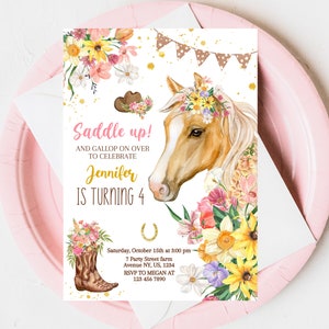 Modèle modifiable d'invitation d'anniversaire de cheval floral, invitation de selle de fille, invitation de cheval de partie de cow-girl, invitation d'anniversaire de ferme florale rose image 1