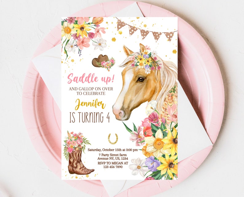 Modèle modifiable d'invitation d'anniversaire de cheval floral, invitation de selle de fille, invitation de cheval de partie de cow-girl, invitation d'anniversaire de ferme florale rose image 1