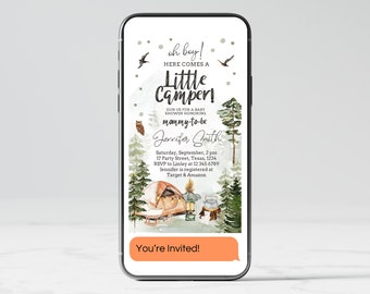 Editable Camping Baby Shower Digital Invite, Little Camper Baby Shower Evite, Camp Invitation, Woodland Little Camper Baby Shower Template
