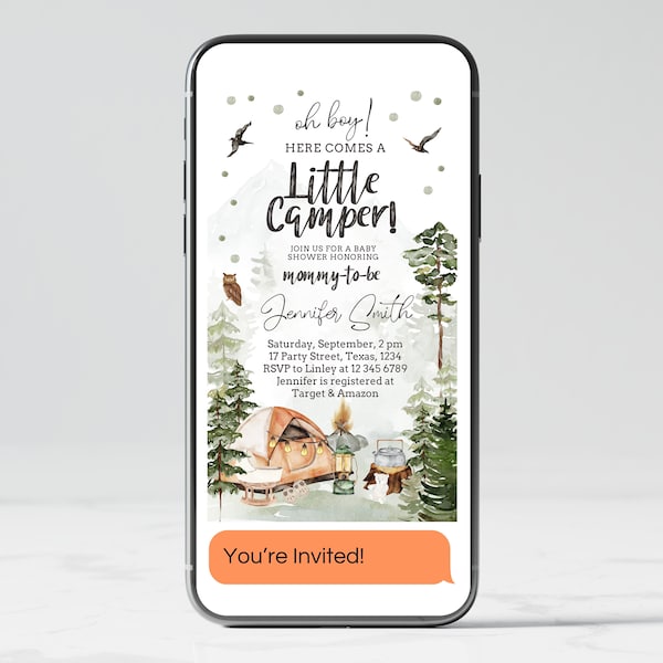 Editable Camping Baby Shower Digital Invite, Little Camper Baby Shower Evite, Camp Invitation, Woodland Little Camper Baby Shower Template