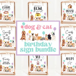 Editable Dog And Cat Birthday Sign Bundle, Puppy Birthday Party, Printable Puppy & Kitten Sign Set, Birthday Banner, Printable Sign Bundle