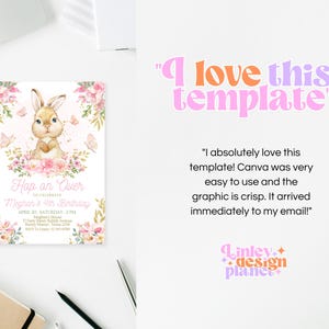 Peut inclure: Une invitation imprimable rose et blanche avec une illustration aquarelle d'un lapin entour&eacute; de fleurs. Le texte indique "Hop on Over to Celebrate Meghan's 4th Birthday".