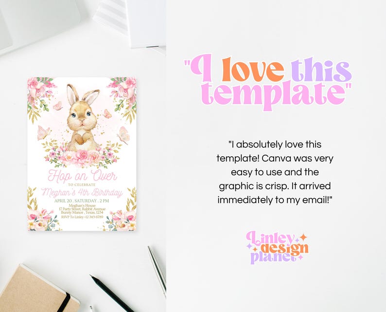 Peut inclure: Une invitation imprimable rose et blanche avec une illustration aquarelle d'un lapin entour&eacute; de fleurs. Le texte indique "Hop on Over to Celebrate Meghan's 4th Birthday".