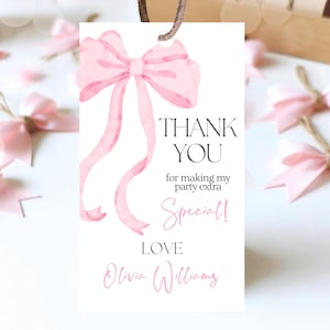 Editable Pink Bow Baby Shower Favor Tag, Girl First Baby Shower Printable, Pink Coquette Bow Girl Favor Gift Tags, Bow Decor, VDC12