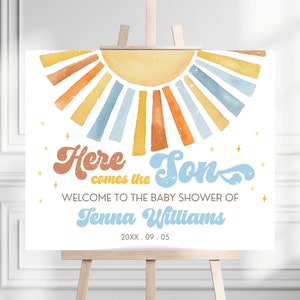 Editable Sunshine Baby Shower Welcome Sign, Here Comes the Son Baby Shower Poster, Boy Sonshine Shower, Boho Sunshine Signs HCTS01